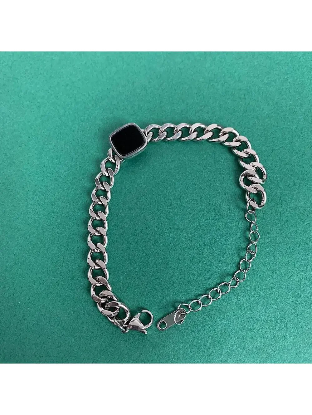 Y2k Vintage style Stainless Steel Silver Cuban Link Black Square Opal Bracelet.